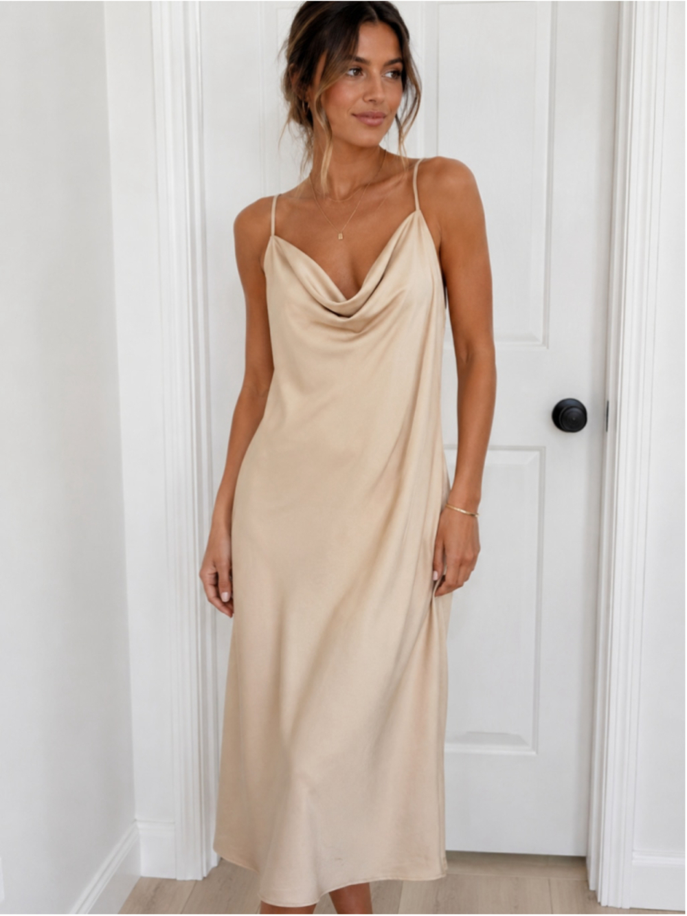 Women's BIRDY GREY Beige Cowl Neck Midi Slip Dress L